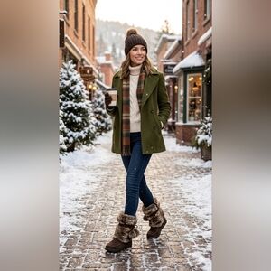 Brown Faux Fur Trim Moccasin Boots with Pom Poms and Whipstitch Detail, Size 8